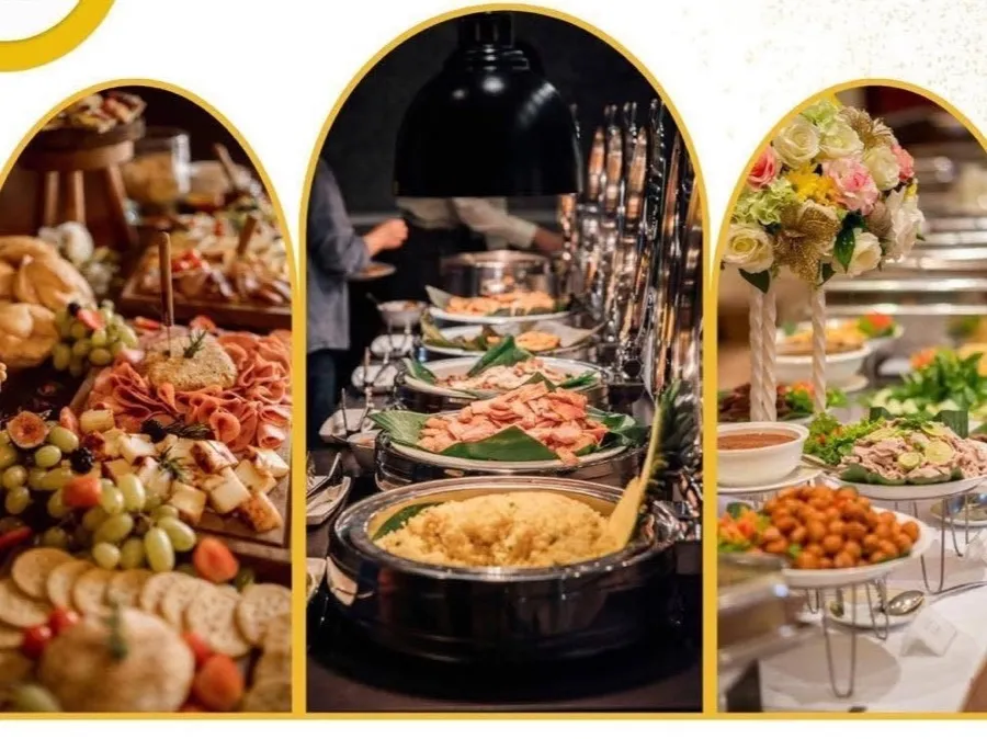 A three-panel collage of charcuterie, buffet trays and a floral-styled table