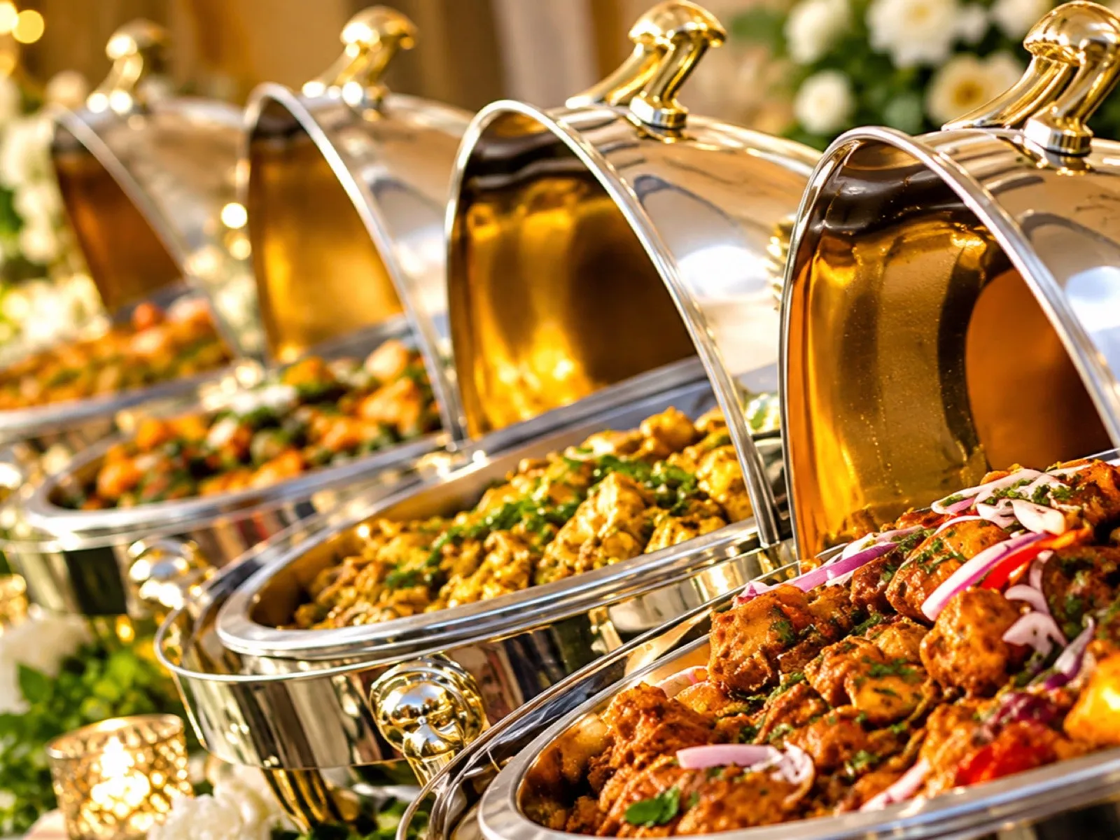 Chafing dishes of tikka and kabab set out at a Shakeel Pakwan wedding event