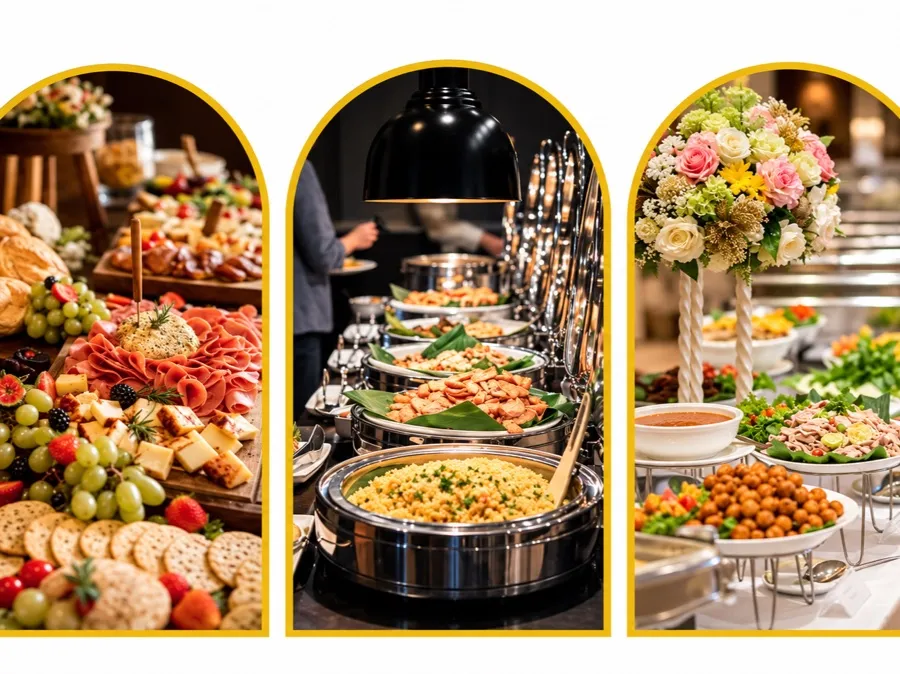 A collage of catering spreads — charcuterie board, buffet chafing dishes and a floral-styled salad table