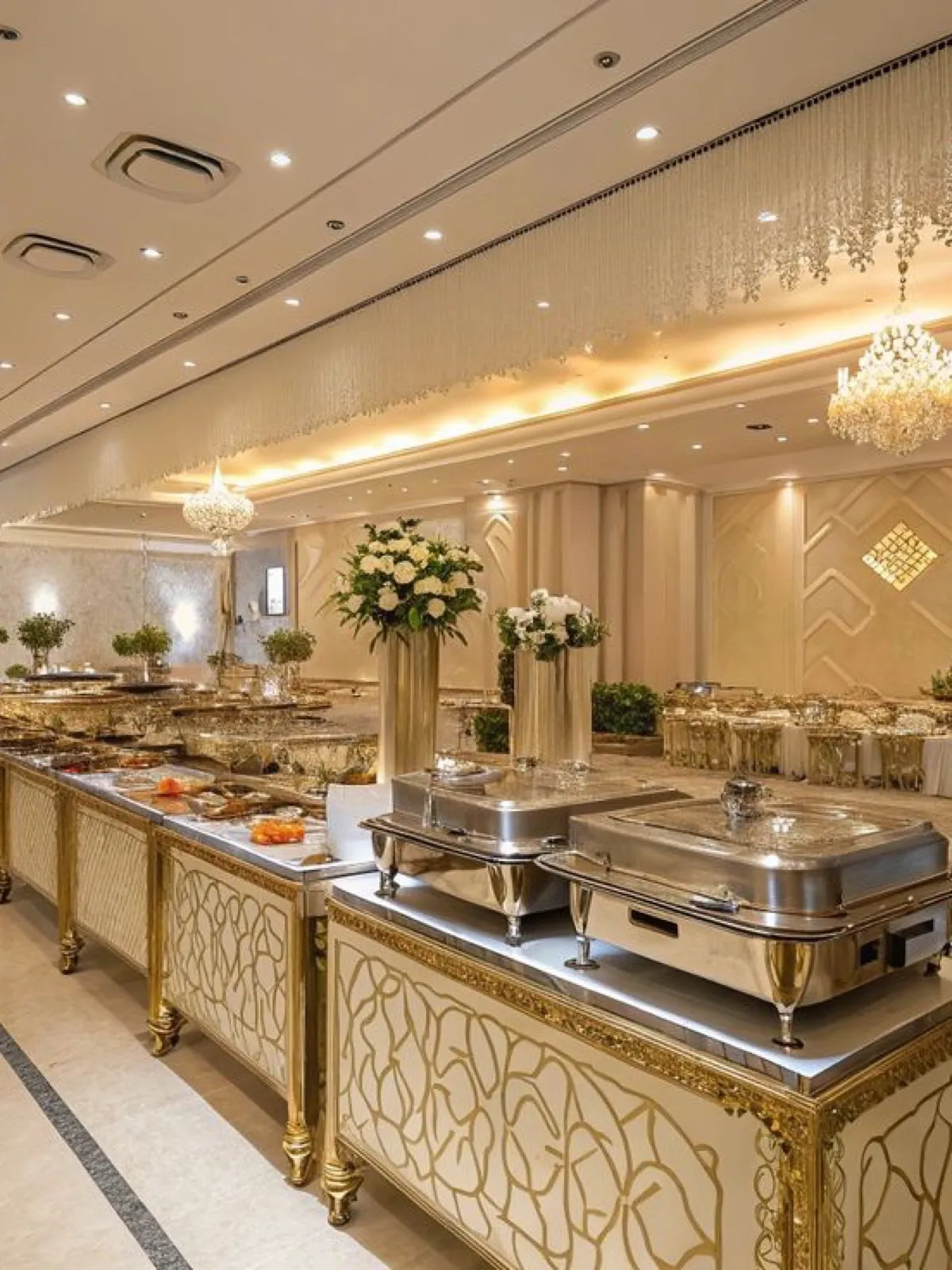 Elegant buffet setup with chafing dishes and chandeliers at a wedding venue