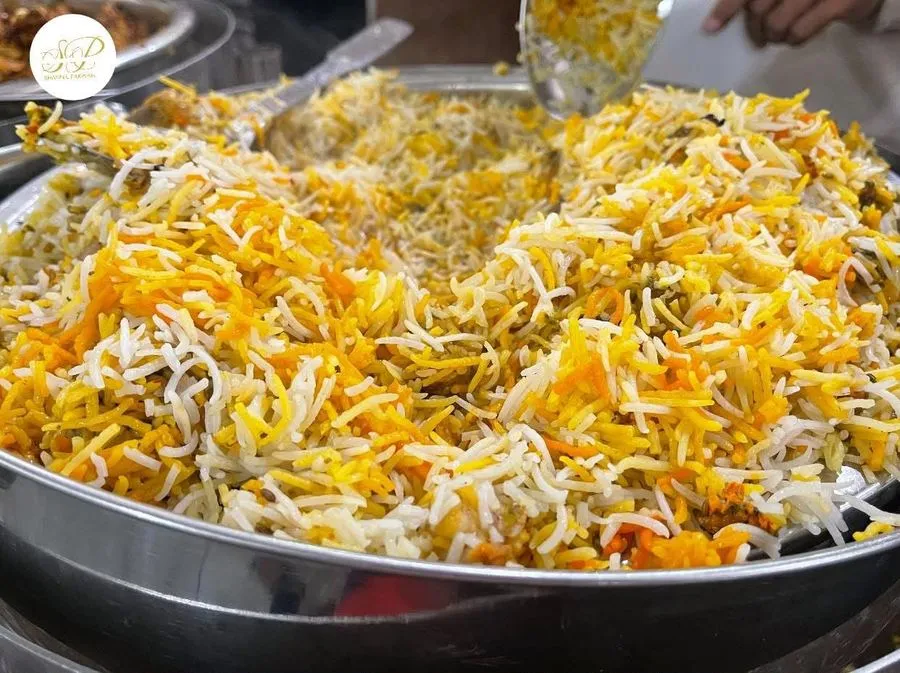 Close-up of garnished biryani