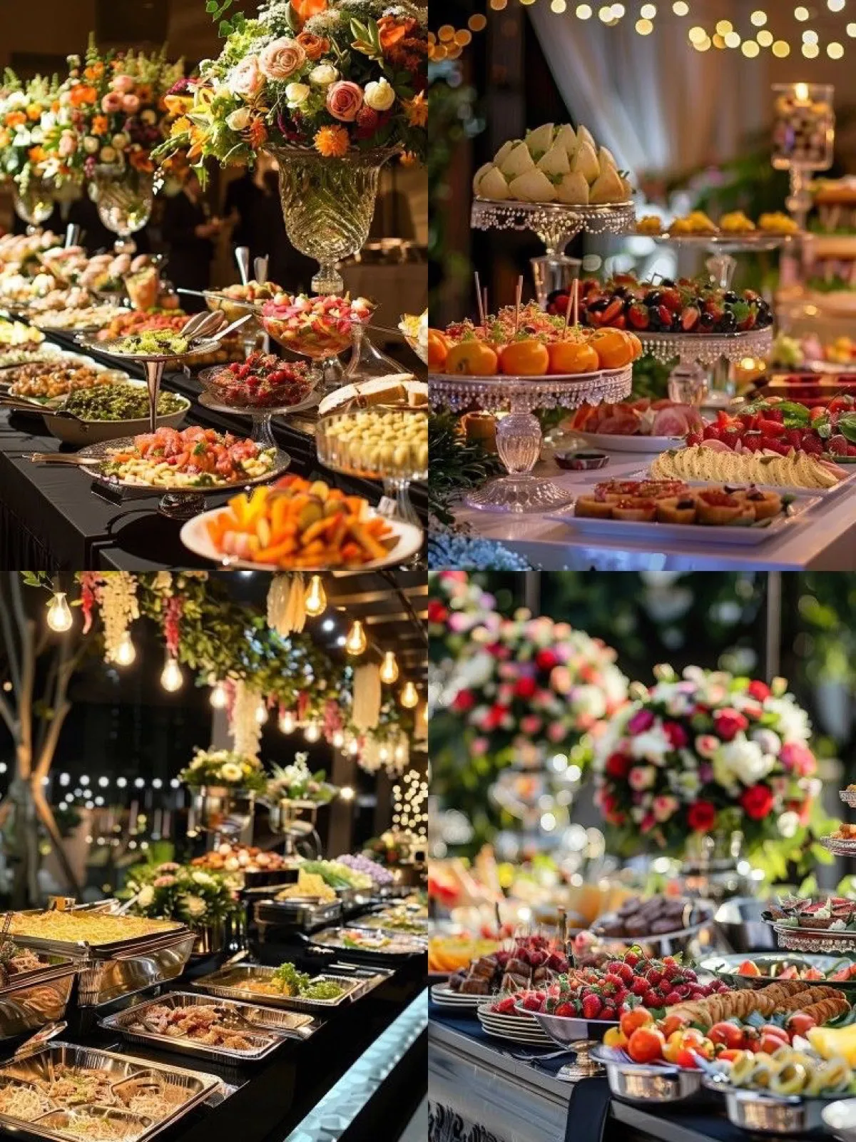 An elegant buffet spread of desserts, fruit and floral styling at an event